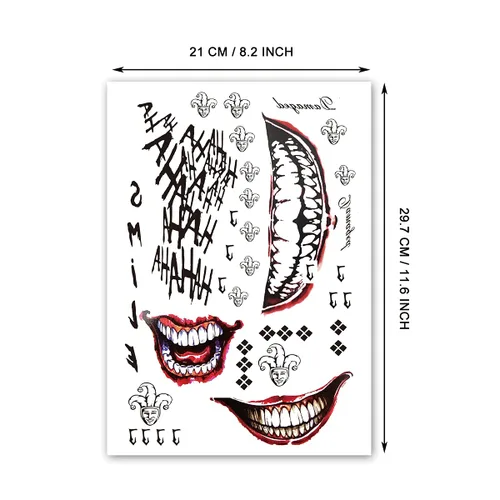 Miniatura 3 de 3 hojas de tatuajes falsos adhesivos para hombre, temporales, para disfraces, Halloween, cosplay, accesorios o fiestas.