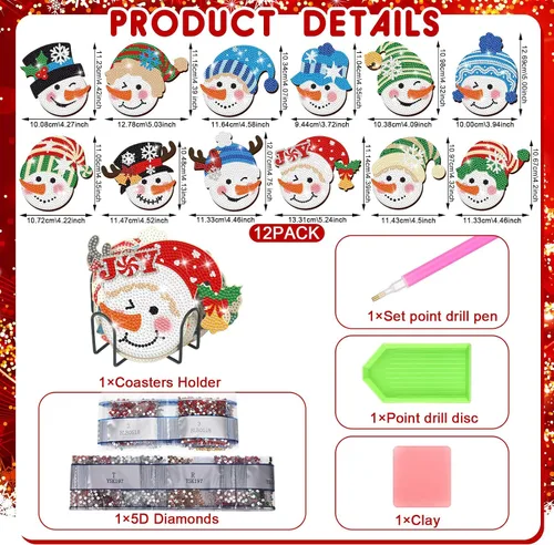 Miniatura 2 de Juego de 12 posavasos de pintura de diamantes de Navidad con soporte para arte de diamantes de Navidad en julio, para adultos, suministros de arte