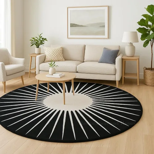Restoration and Renovation - Alfombra redonda moderna – Acolchada a mano con 100% lana de Nueva Zelanda, alfombra circular gruesa y suave para Negro