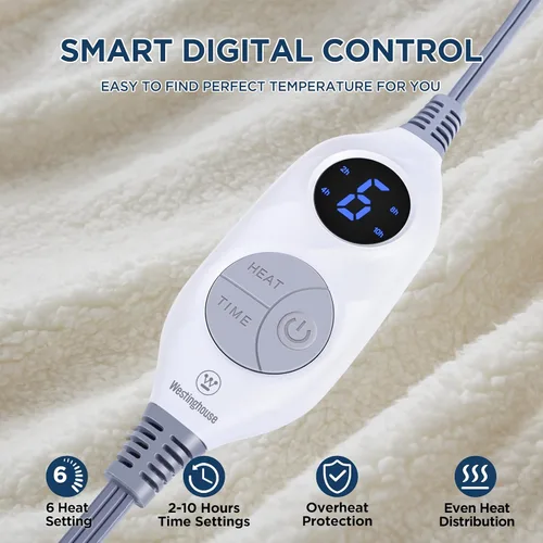 Miniatura 2 de Westinghouse Manta Eléctrica Tamaño Throw, Manta Térmica Sherpa de Felpa Suave con 6 Niveles de Calefacción y Apagado Automático de 2-10 Horas