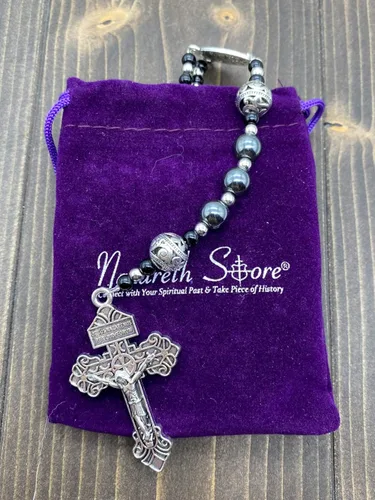 Miniatura 5 de Nazareth Store Pardon Hematite - Rosario para hombre cuentas negras de acero inoxidable medalla milagrosa y cruz de nuestro padre 20 pulgadas