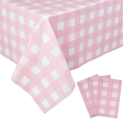 Kesfey Paquete de 3 manteles a cuadros, color rosa y blanco, 54x108 pulgadas, desechables, de plástico, impermeables, rectangulares, para mesa de