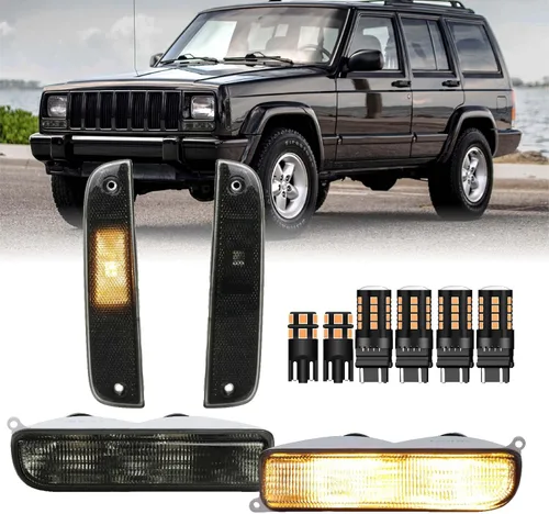 USR 97-01 XJ Cherokee - Luz de marcador lateral de esquina con lente ahumada y luz de señal de giro del parachoques delantero - CON actualización de
