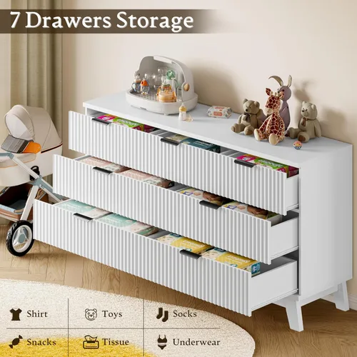 Miniatura 6 de BORNOON Cómoda de 57 pulgadas de largo para dormitorio, baúl acanalado de 7 cajones, cómoda ancha de almacenamiento de madera con rieles y asas