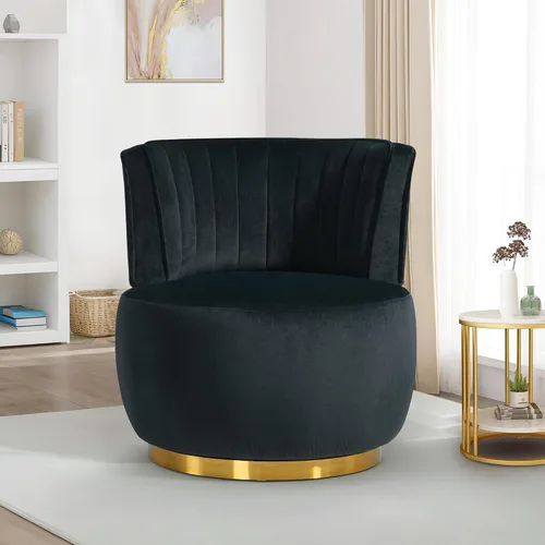 Miniatura 13 de SLEERWAY Silla giratoria de 360°, moderna silla decorativa redonda de terciopelo, cómoda silla pequeña tapizada con base de metal dorado para sala