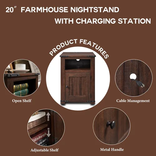 Miniatura 5 de IFGET - Mesita de noche con estación de carga, mesa auxiliar de 20" estilo granja con puerta de granero, mesa de sofá rústica de madera para cama