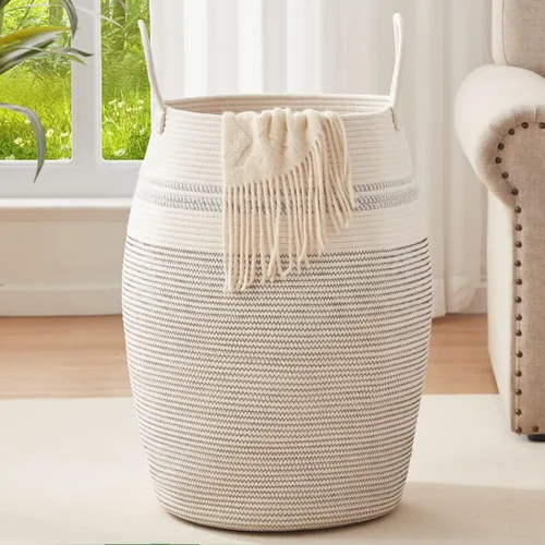 OIAHOMY Cesta para ropa sucia tejida de cuerda de algodón, canasto grande para ropa con asas de algodón extendidas para almacenamiento de ropa y
