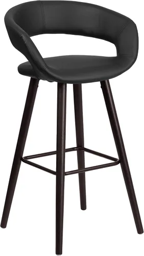 Miniatura 3 de BizChair 29"H Cappuccino Wood Rounded Open Back Barstool in Black Vinyl