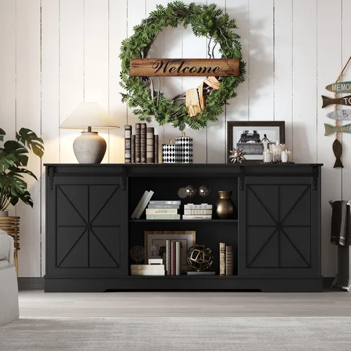 Miniatura 6 de Soporte de TV estilo granja para televisores de 65/60/55 pulgadas, centro de entretenimiento rústico con gabinetes de almacenamiento y puertas Negro