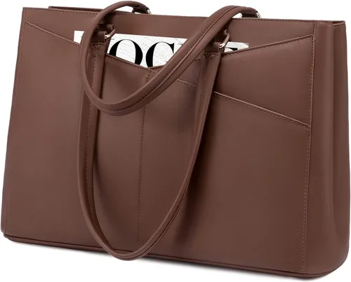 Miniatura 42 de LOVEVOOK Bolsa de mano para computadora portátil para mujer, bolsas de trabajo de cuero de 15.6 pulgadas con soporte grande para tazas para Negro