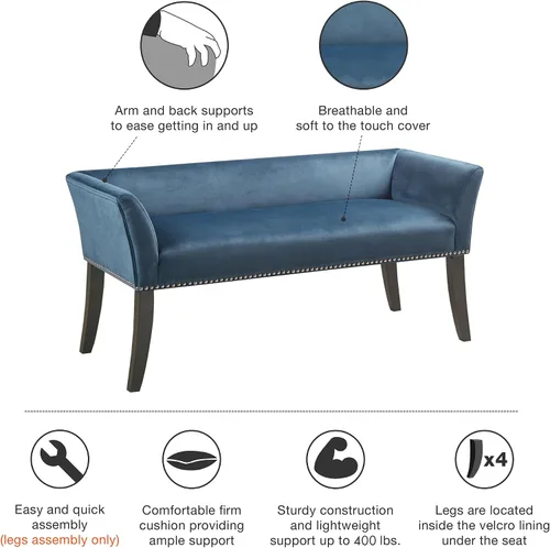 Miniatura 4 de Madison Park Banco decorativo, tapizado con ribete de tachuelas y asiento acolchado, banco de entrada pequeño, banco de pie de cama con respaldo