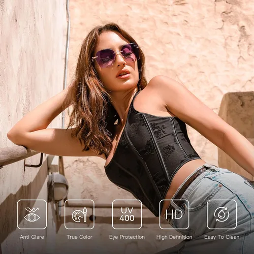 Miniatura 15 de ZENOTTIC Lentes de sol sin montura de gran tamaño para mujer, diseño geométrico de corte de diamante, lentes degradados, protección UV, tonos de moda