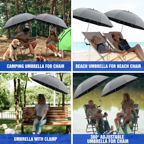 Miniatura 5 de Paquete de 2 paraguas de playa con abrazadera, paraguas ajustable de 360° para silla, paraguas UPF50+ para silla de playa, silla de patio, silla