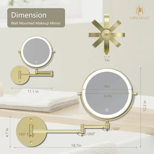 Miniatura 6 de Espejo de Tocador de Maquillaje Iluminado Recargable Montado en la Pared de 8 Pulgadas, Doble Cara 1X 10X con Aumento Espejo de Baño, 3