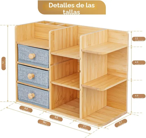 Miniatura 6 de Organizador de maquillaje grande de bambú para tocador, organizador de baño de bambú de 3 niveles de gran capacidad y almacenamiento, soporte