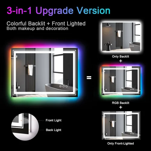 Miniatura 4 de Snowdool - Espejo LED para baño de 30 x 36 pulgadas con 8 luces RGB retroiluminadas + 3 luces frontales (ajustables individualmente), 3