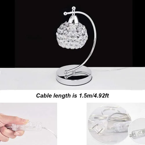 Miniatura 2 de Onerbuy Moderna lámpara de mesa de cristal enchufable, lámpara de mesa de noche cromada plateada E27 con interruptor de encendido/apagado en línea