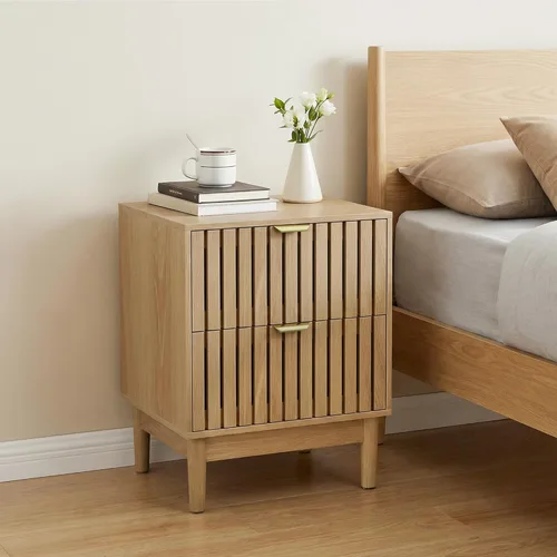 Miniatura 9 de Wood Nightstand Set of 2, Modern Bedside Table with Grille Design, End Side Table with 2 Drawers Storage for Living Room, Bedroom, Oak