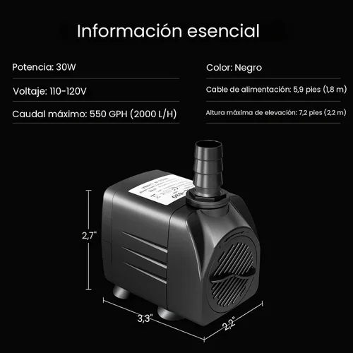 Miniatura 6 de GROWNEER Bomba sumergible de 550GPH, bomba de agua de fuente de 30W, 2000L/H, con 7.2 pies de elevación, 3 boquillas para acuario, pecera, estanque