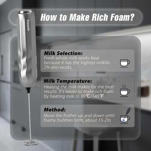 Miniatura 5 de Espumador de leche de mano, mezclador de bebidas rápido y potente funciona con pilas con batidor de acero inoxidable para café (plateado con soporte)