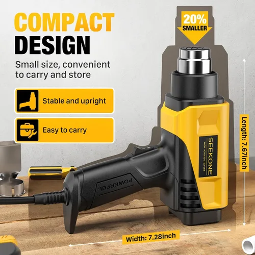 Miniatura 4 de Seekone Pistola de calor de 1800 W Diseño compacto Pistola de aire caliente resistente Control de temperatura variable de 122 ℉-1202 ℉ (50 ℃- 650 ℃)