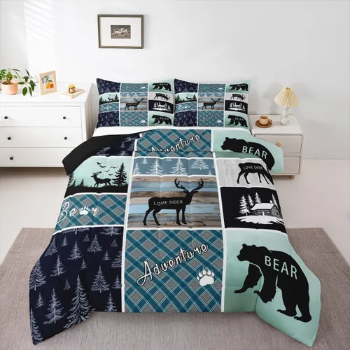 Juego de edredón de oso y ciervo, tamaño individual, ropa de cama de animales salvajes de caza, colcha rústica de cabaña, casa de campo, cuadros