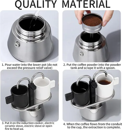 Miniatura 5 de Olla de Moka de Acero Inoxidable, Cafetera de Espresso de 2 Tazas para Estufa con Doble Boca, Fácil de Operar, Prepara Café Rápidamente, Olla