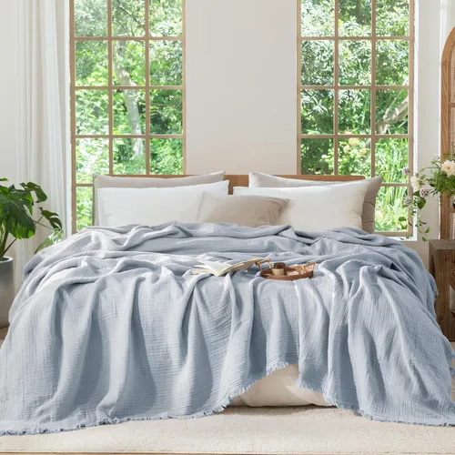 Miniatura 11 de MooMee - Manta de muselina 100% algodón, manta de 4 capas de gasa con borlas, ultra suave, transpirable, ligera y refrescante para cama y sofá Verde