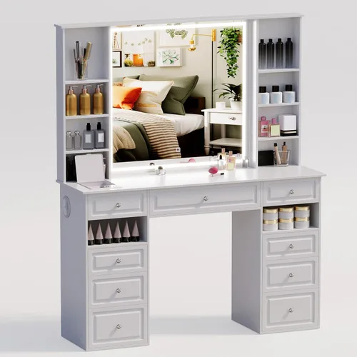 Miniatura 9 de Escritorio de tocador con espejo y luces, escritorio de maquillaje con caja de máscara facial, tocador con altavoz Bluetooth, juego de tocador