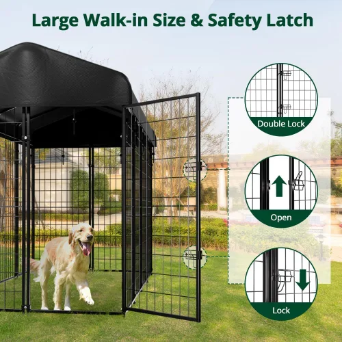 Miniatura 4 de Perrera para perros exteriores con techo, 8 x 6 x 4 pies para perros grandes, jaula soldada de alta resistencia con cubierta impermeable resistente
