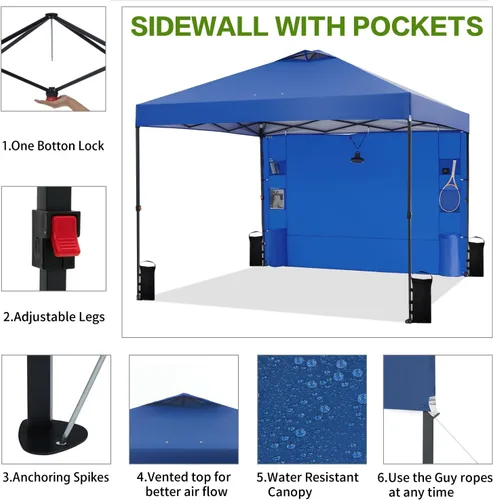 Miniatura 2 de Tunbne - Toldo desplegable de 10 x 10 pies con 1 pared lateral y 6 bolsillos, instalación de un solo empuje, tienda de sombra instantánea con techo