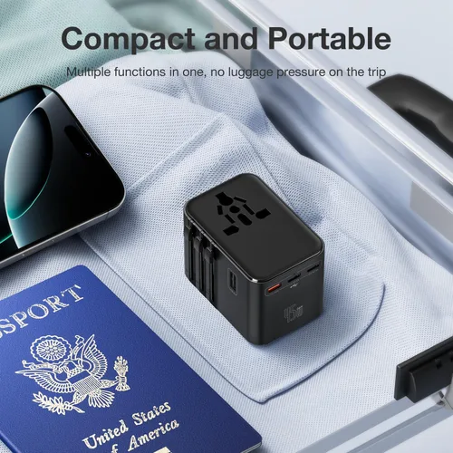 Miniatura 5 de Adaptador de viaje universal de 45 W - Enchufe compacto con 3 puertos USB-C y 2 puertos USB-A para UE/Reino Unido/US/AU, adaptador de corriente Azul