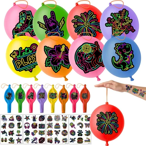 72 piezas de recuerdos de fiesta de neón, 48 tatuajes temporales precortados y 24 globos de neón con temática de decoración de fiesta de cumpleaños,