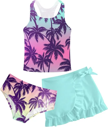 Miniatura 42 de Traje de baño tankini de 3 piezas para niñas, lindo bikini con salida de baño con falda de playa de 5 a 16 años