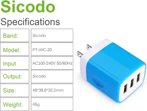 Miniatura 6 de Enchufe de carga, bloque de carga Sicodo - Paquete de 5 cubos USB de 3.1 amperios de 3 puertos para iPhone 17/16/15/14/13/12/SE/11Pro Max, Plus