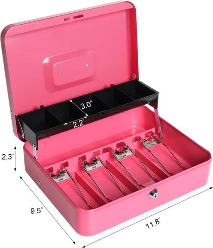 Miniatura 4 de Caja de dinero grande con bandeja de dinero y cerradura, caja de dinero de metal para efectivo, caja de seguridad de 11.8 x 9.5 x 3.54 pulgadas, rosa