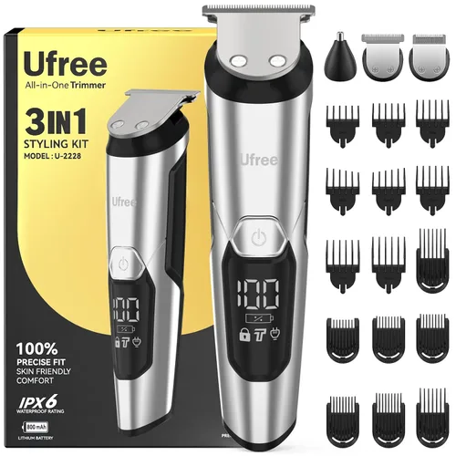 Ufree Kit de recortadora de barba 3 en 1, maquinilla de afeitar eléctrica para bigote, cuerpo y nariz, pelo facial, recortadora de pelo profesional,