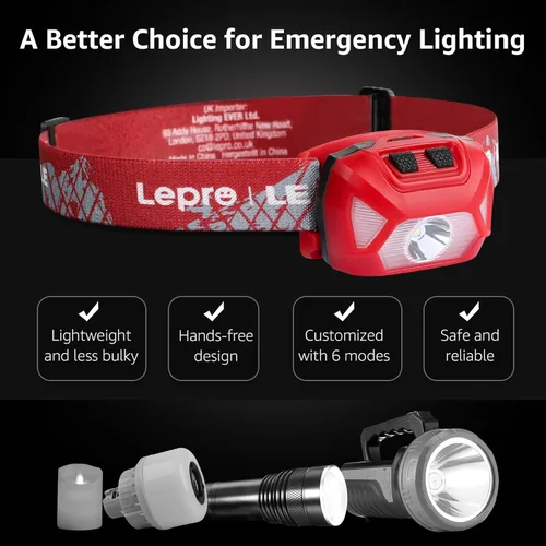 Miniatura 7 de Lepro 320015 - Linterna frontal con batería – 1300Lux lámpara LED súper brillante con luz roja, faros impermeables IPX4 para acampar al aire libre