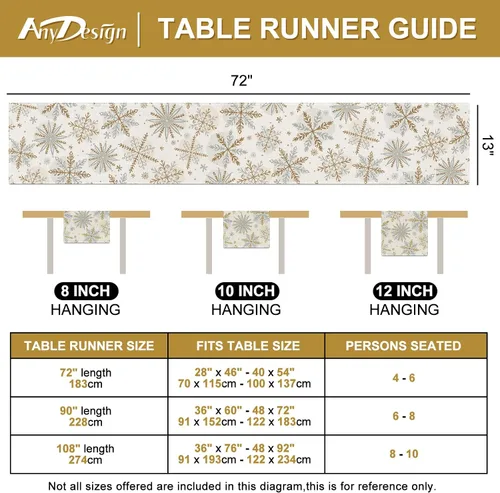 Miniatura 7 de AnyDesign Camino de mesa navideño de invierno, mantel de copo de nieve dorado y plateado, 13 x 72 pulgadas