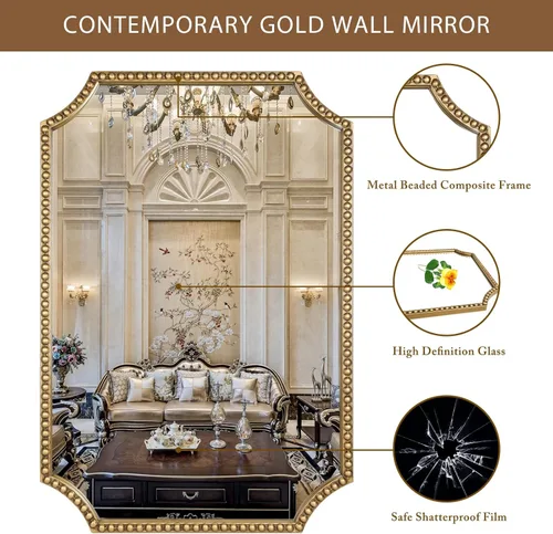 Miniatura 3 de Espejo de pared de 24 x 36 pulgadas, espejo decorativo rectangular de esquinas festoneadas, marco de cuentas de metal, decoración de pared para Oro