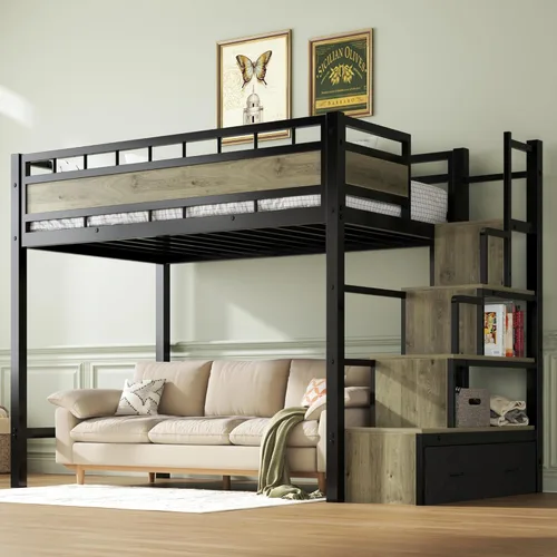 Miniatura 9 de Cama alta individual con escaleras, cama alta de metal resistente con almacenamiento y espacio debajo de la cama, más estable y segura