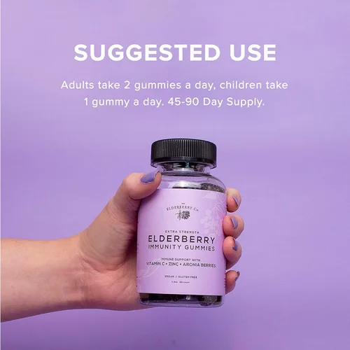 Miniatura 4 de The Elderberry Co. Gomitas de saúco extra fuertes + bayas de aronia con vitaminas C, D, E y zinc para apoyo inmunológico totalmente natural, sin