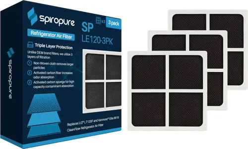 SpiroPure SP-LE120 - Filtro de aire fresco para refrigerador LT120F, ADQ73214404, 9918, 46-9918, ADQ73214402, ADQ73334008, ADQ73214403 (paquete de 3)
