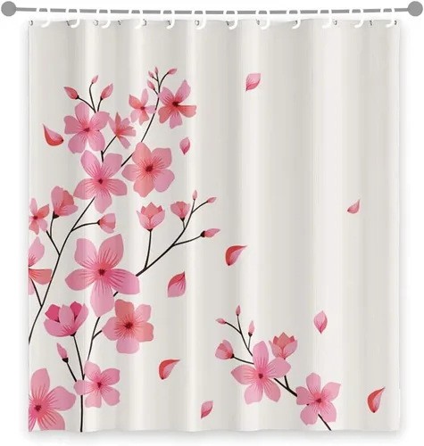 Miniatura 7 de Cortina de ducha japonesa con flores de cerezo blanco, pétalos que caen, decoración de fondo rosa, tela impermeable, cortina de baño floral