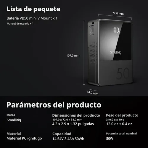 Miniatura 9 de Batería de montaje en V de SmallRig VB50 Negra, Batería de montaje en V de 50Wh / 3400mAh con salida de 45W, carga completa en 1.5H, con USB-C