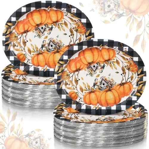 Miniatura 10 de Umigy 100 platos de papel ovalados de Acción de Gracias de 10 x 12 pulgadas, platos desechables grandes ovalados de otoño, flores, calabaza, feliz
