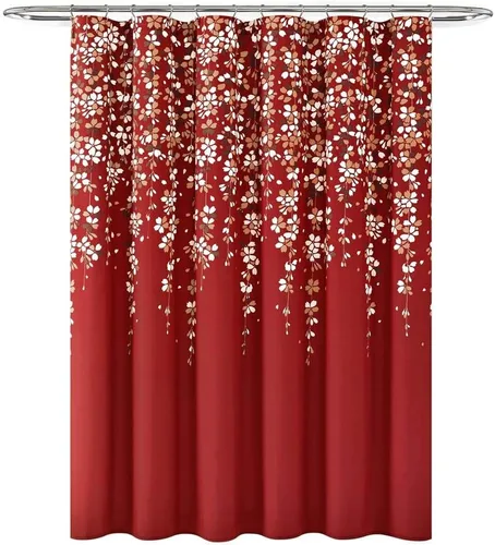 Lush Decor Cortina de Ducha Weeping Flower 72"W x 72"L Roja - Cortinas de Ducha de Tela para Baño - Cortina de Baño Floral - Decoración Cottage Core