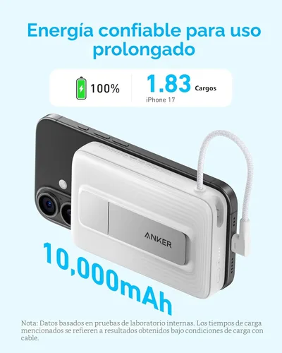 Miniatura 4 de Anker Zolo Banco de Energía Magnético, Cargador Portátil Inalámbrico de 10,000mAh con Carga Rápida Máxima de 30W, Paquete de Batería con Cable USB-C