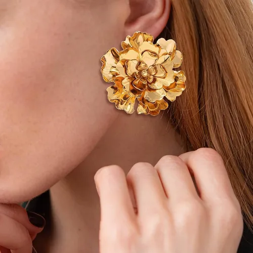 Miniatura 4 de Aretes de flor dorada para mujer, diseño floral bohemio en capas, aretes de flor grande
