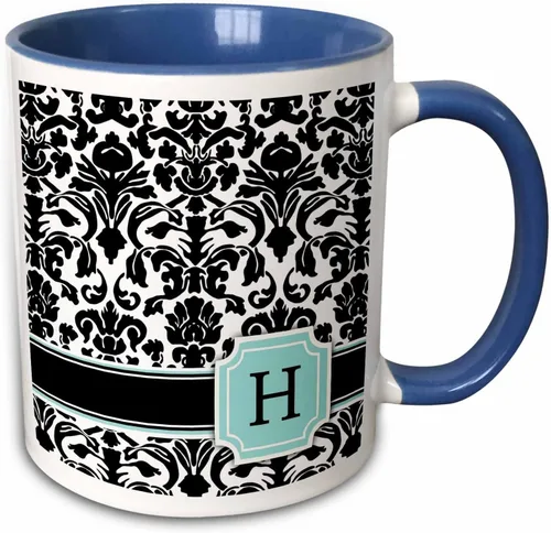 Miniatura 10 de 3dRose Letra H - Taza personal con monograma, diseño de damasco, azul menta y blanco, 11 onzas, color negro